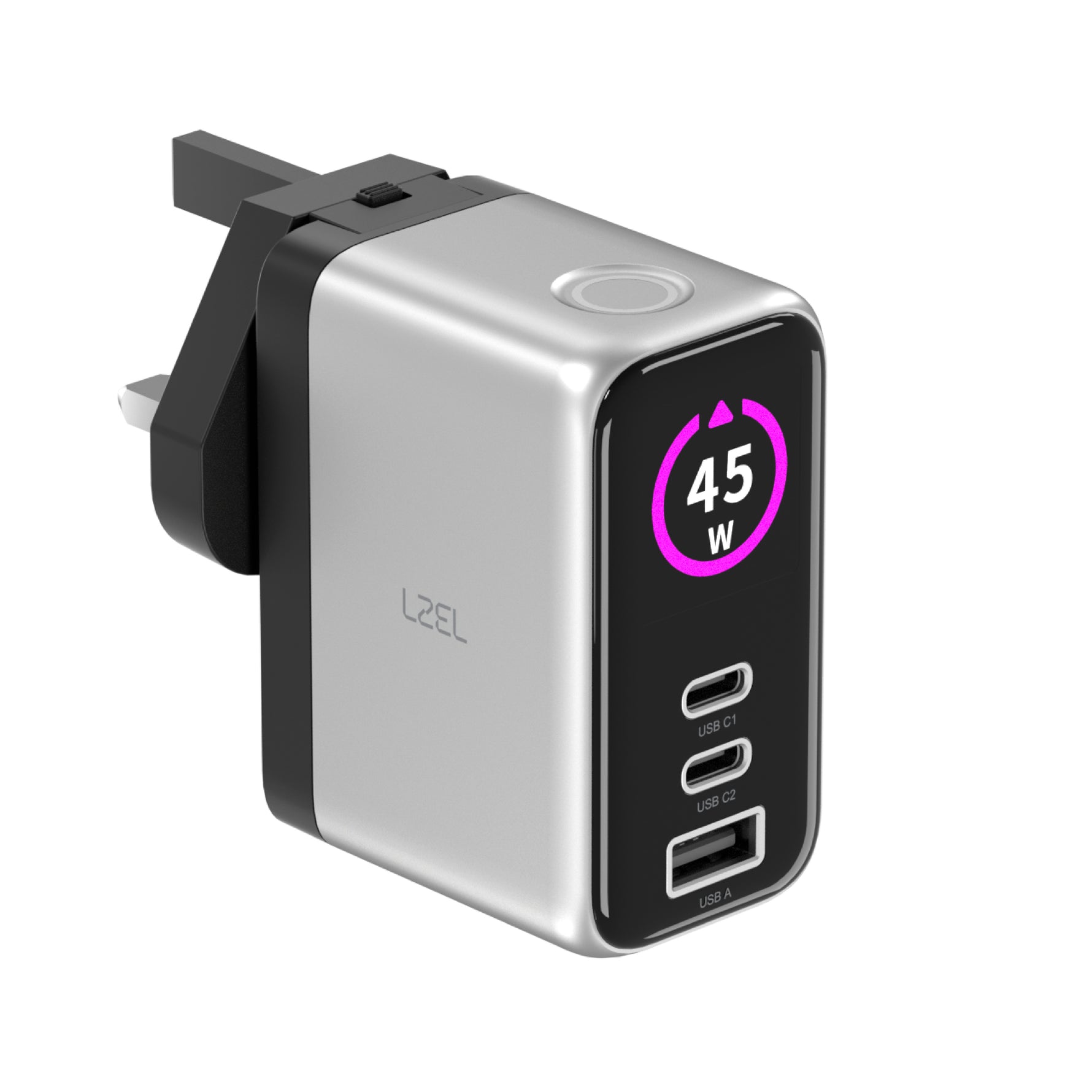 LZEL 45W GaN Travel Charger with 3-Port PD Digital Display & UK/EU/AU Plugs | Silver/Black
