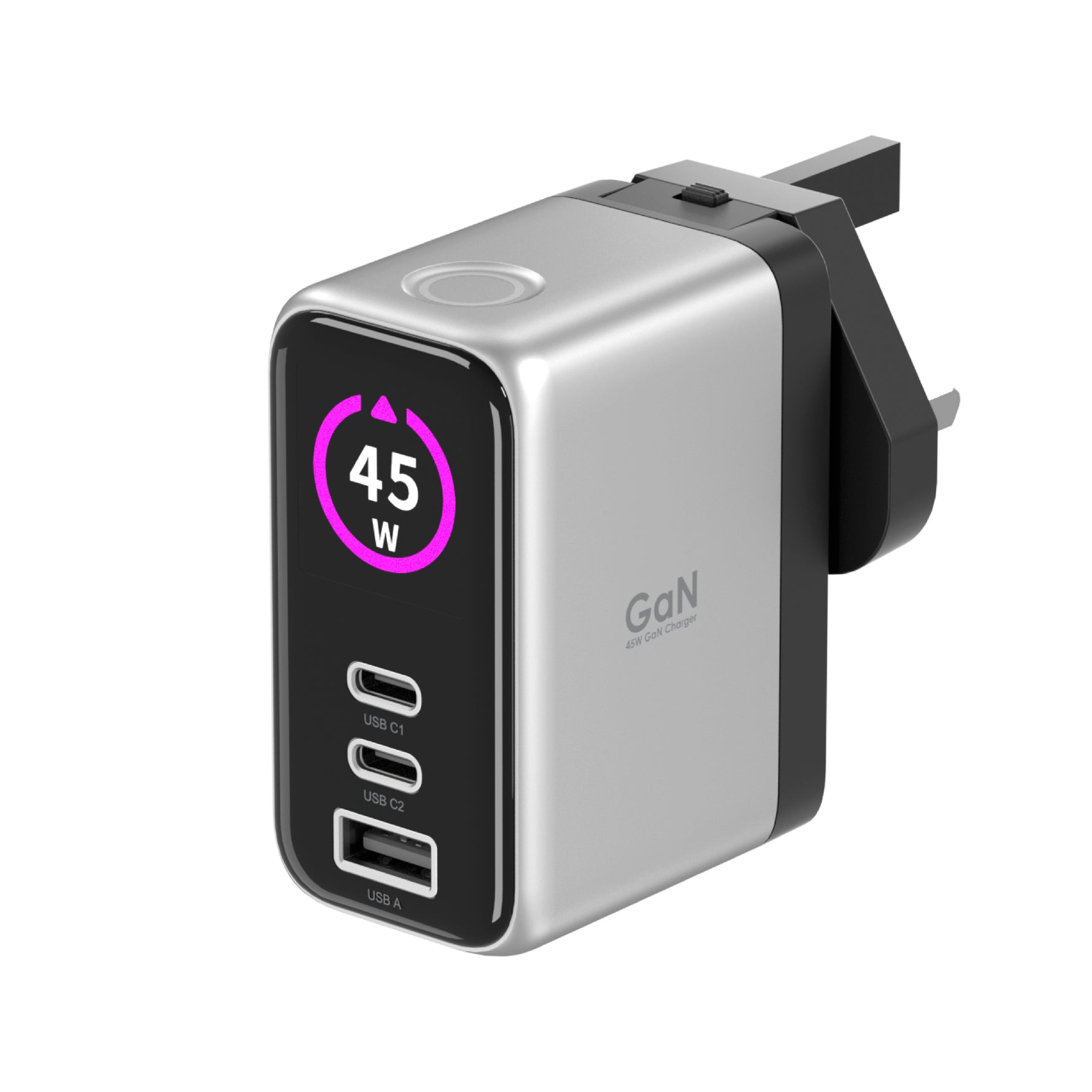 LZEL 45W GaN Travel Charger with 3-Port PD Digital Display & UK/EU/AU Plugs | Silver/Black