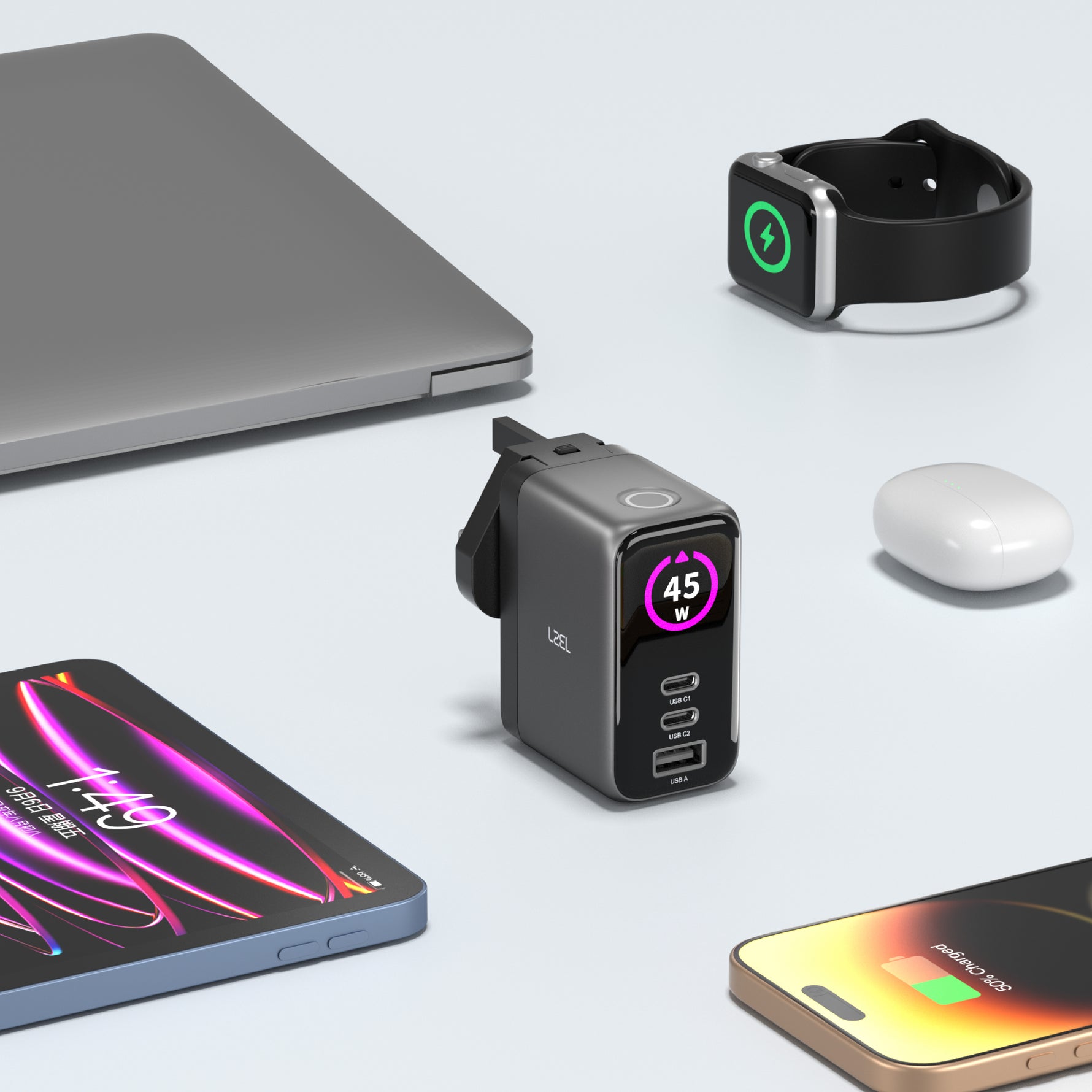 LZEL 45W GaN Travel Charger with 3-Port PD Digital Display & UK/EU/AU Plugs | Gray/Black