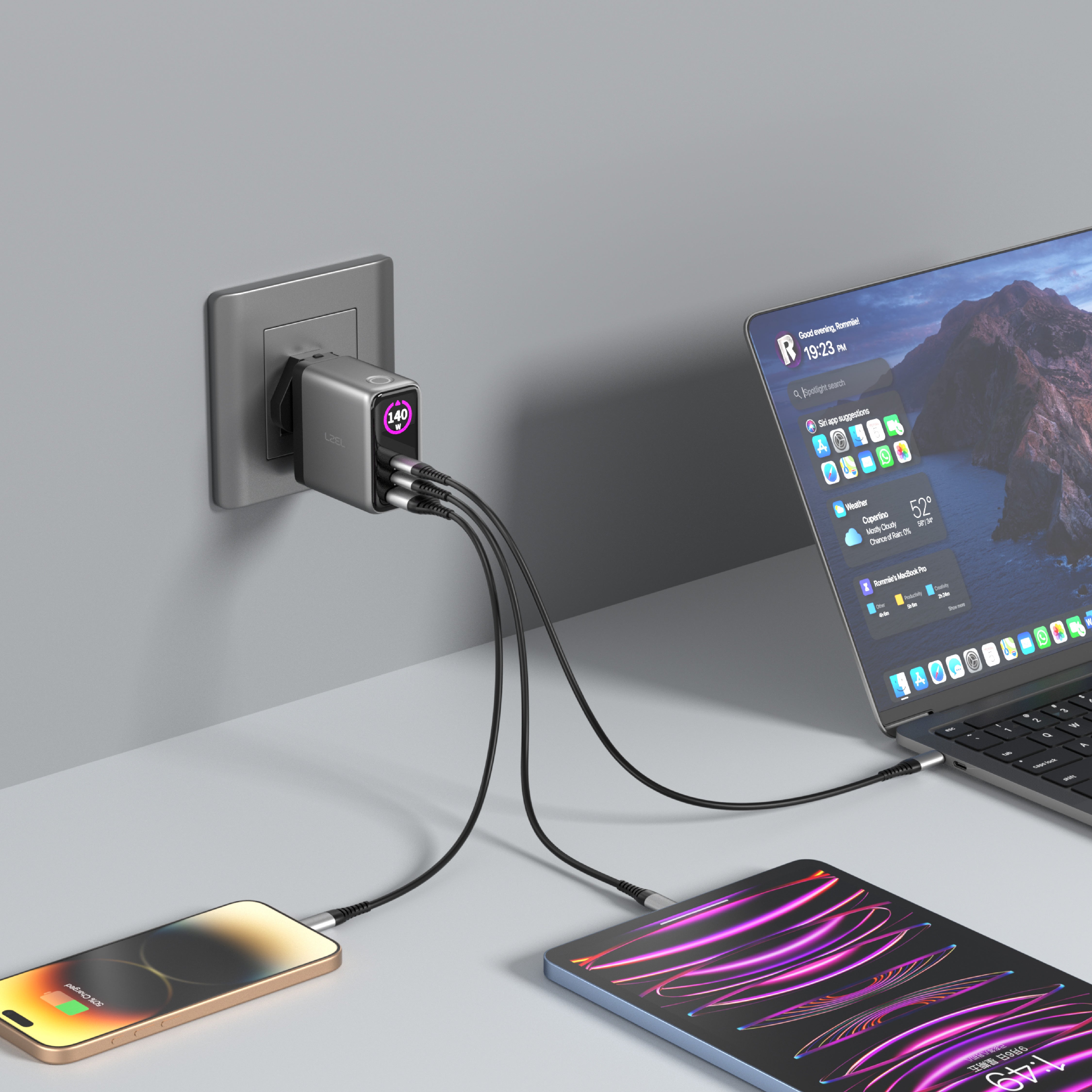 LZEL 140W GaN Travel Charger with 3-Port PD Digital Display & UK/EU/AU Plugs | Gray/Black