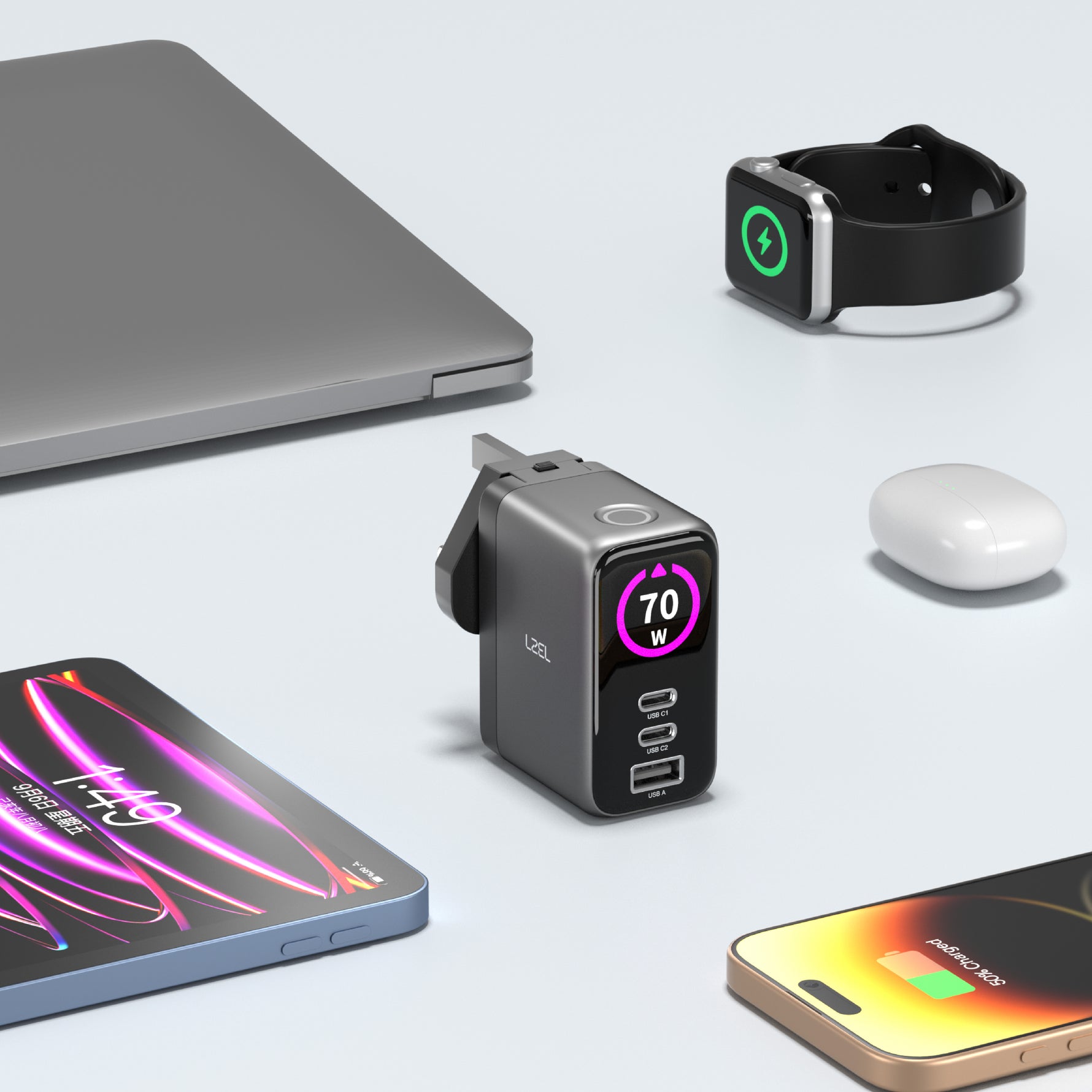 LZEL 70W GaN Travel Charger with 3-Port PD Digital Display & UK/EU/AU Plugs | Gray/Black