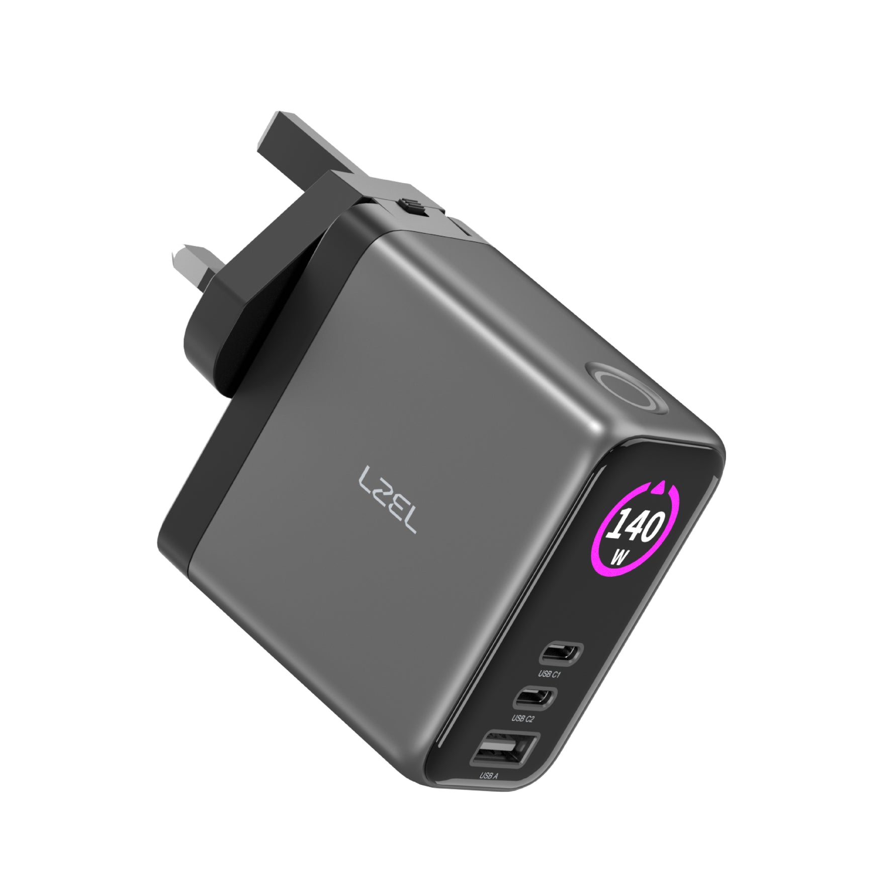 LZEL 140W GaN Travel Charger with 3-Port PD Digital Display & UK/EU/AU Plugs | Gray/Black