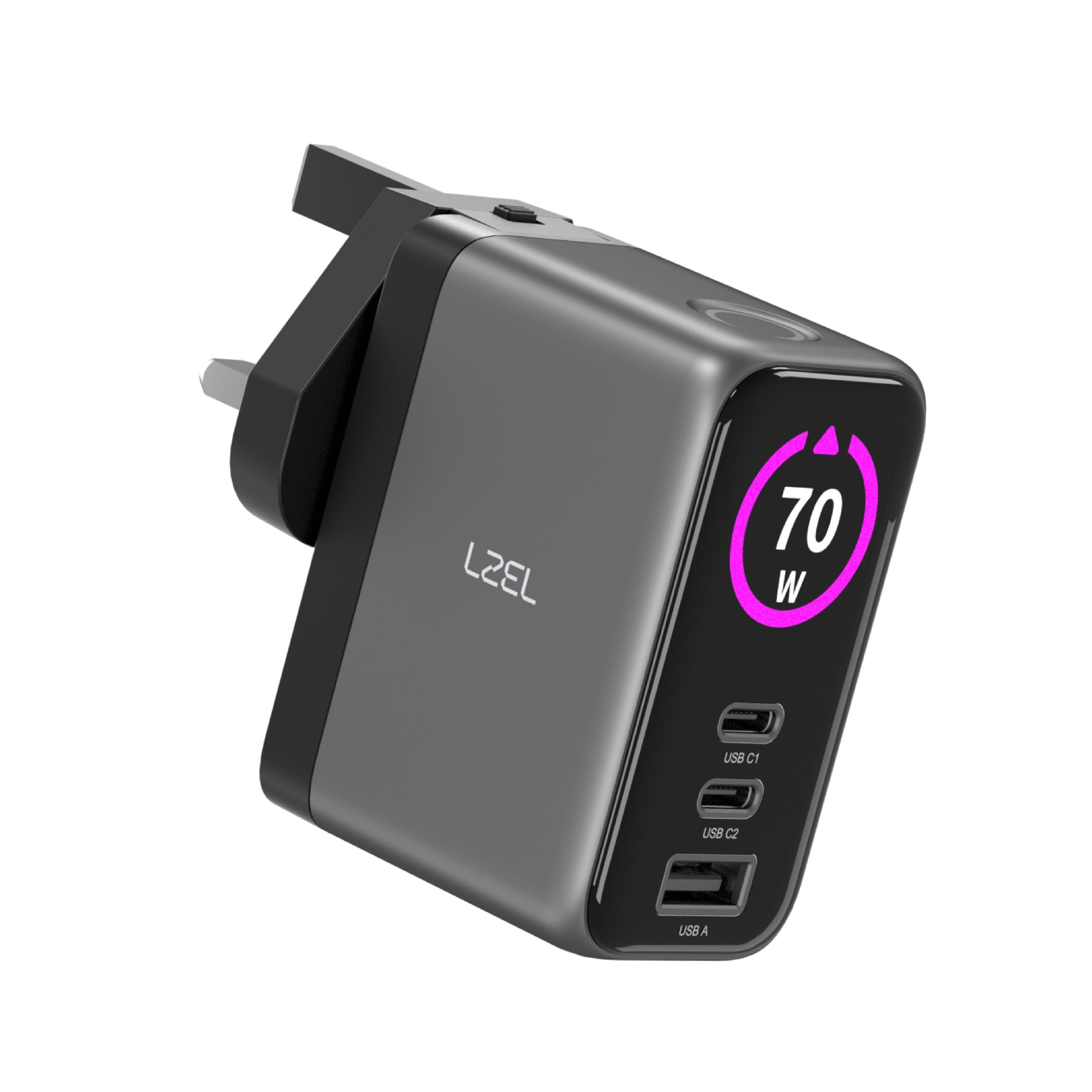 LZEL 70W GaN Travel Charger with 3-Port PD Digital Display & UK/EU/AU Plugs | Gray/Black