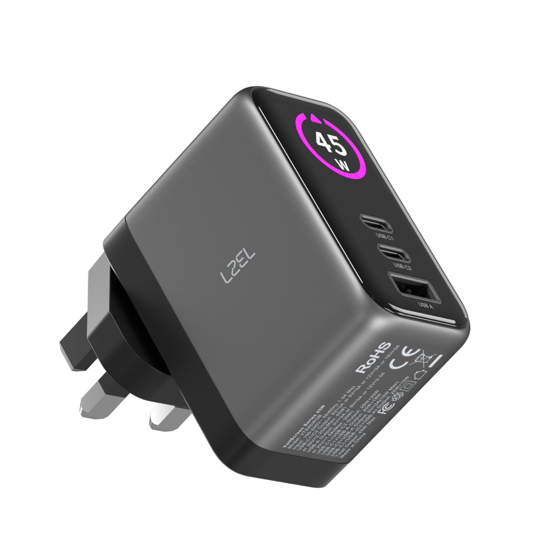 LZEL 45W GaN Travel Charger with 3-Port PD Digital Display & UK/EU/AU Plugs | Gray/Black