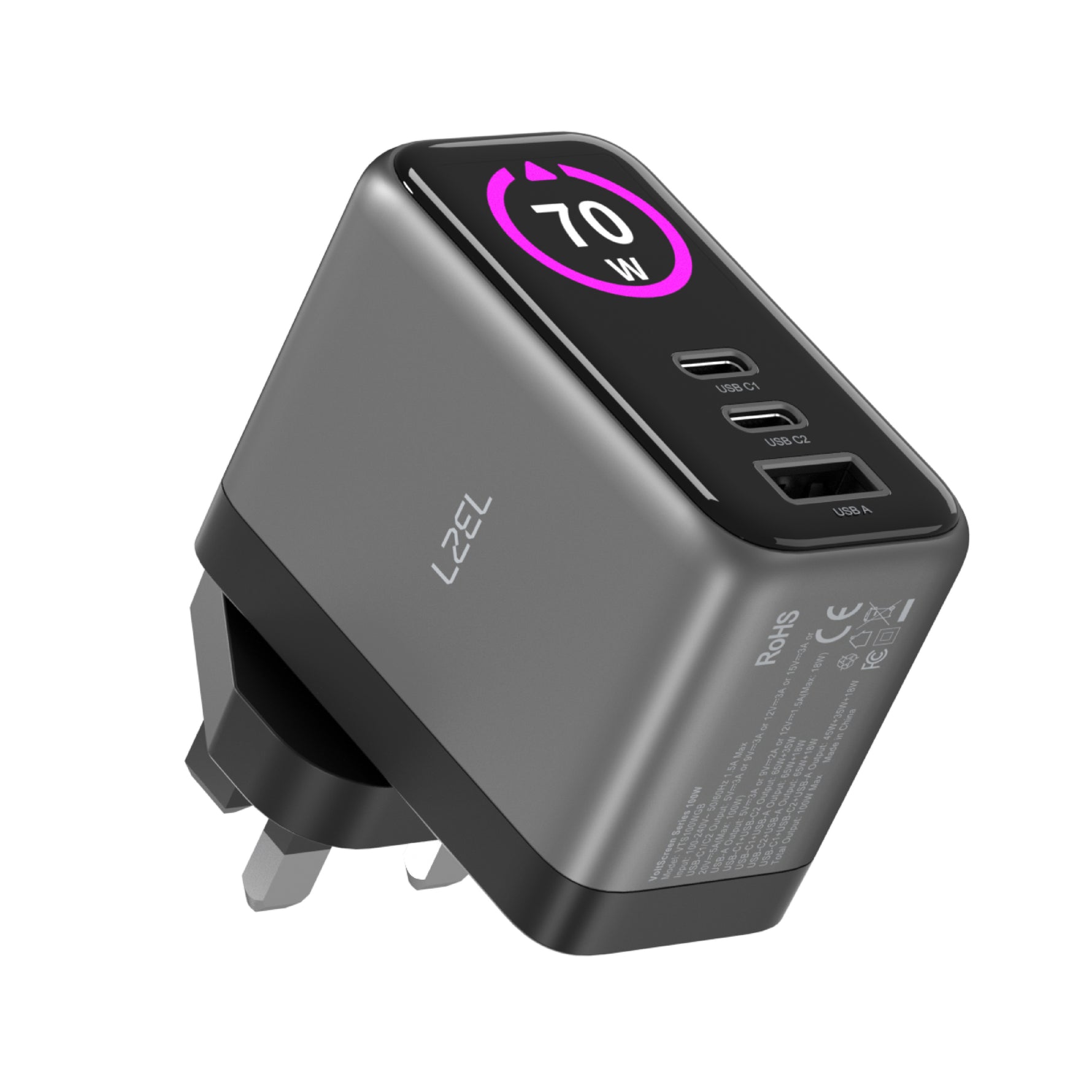 LZEL 70W GaN Travel Charger with 3-Port PD Digital Display & UK/EU/AU Plugs | Gray/Black