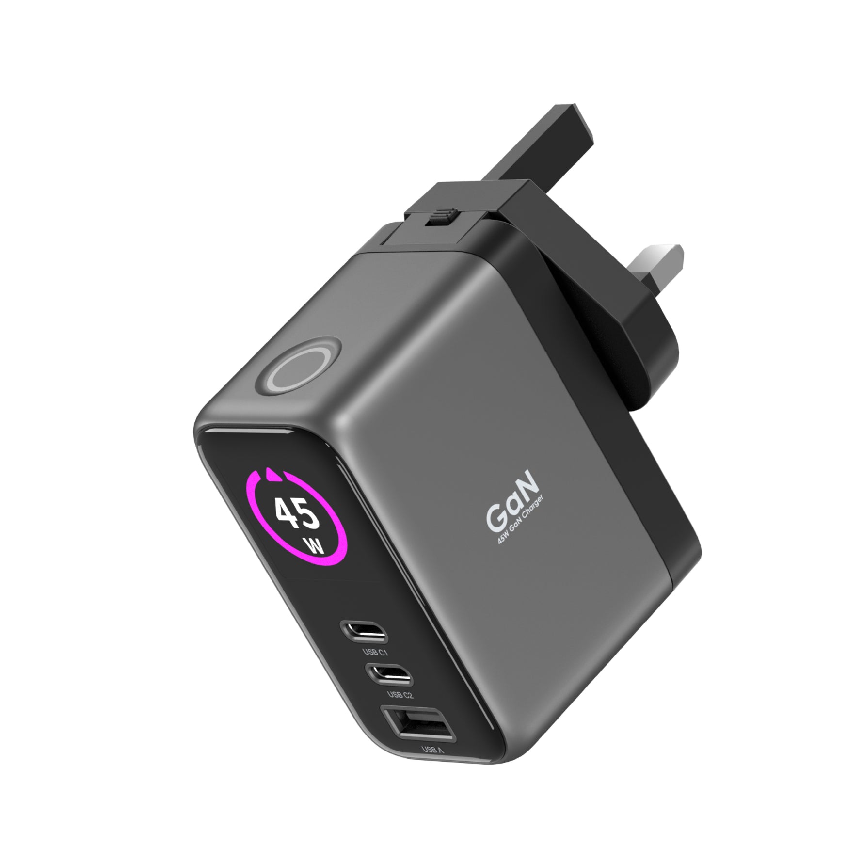 LZEL 45W GaN Travel Charger with 3-Port PD Digital Display & UK/EU/AU Plugs | Gray/Black