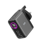 LZEL 70W GaN Travel Charger with 3-Port PD Digital Display & UK/EU/AU Plugs | Gray/Black
