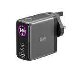LZEL 140W GaN Travel Charger with 3-Port PD Digital Display & UK/EU/AU Plugs | Gray/Black