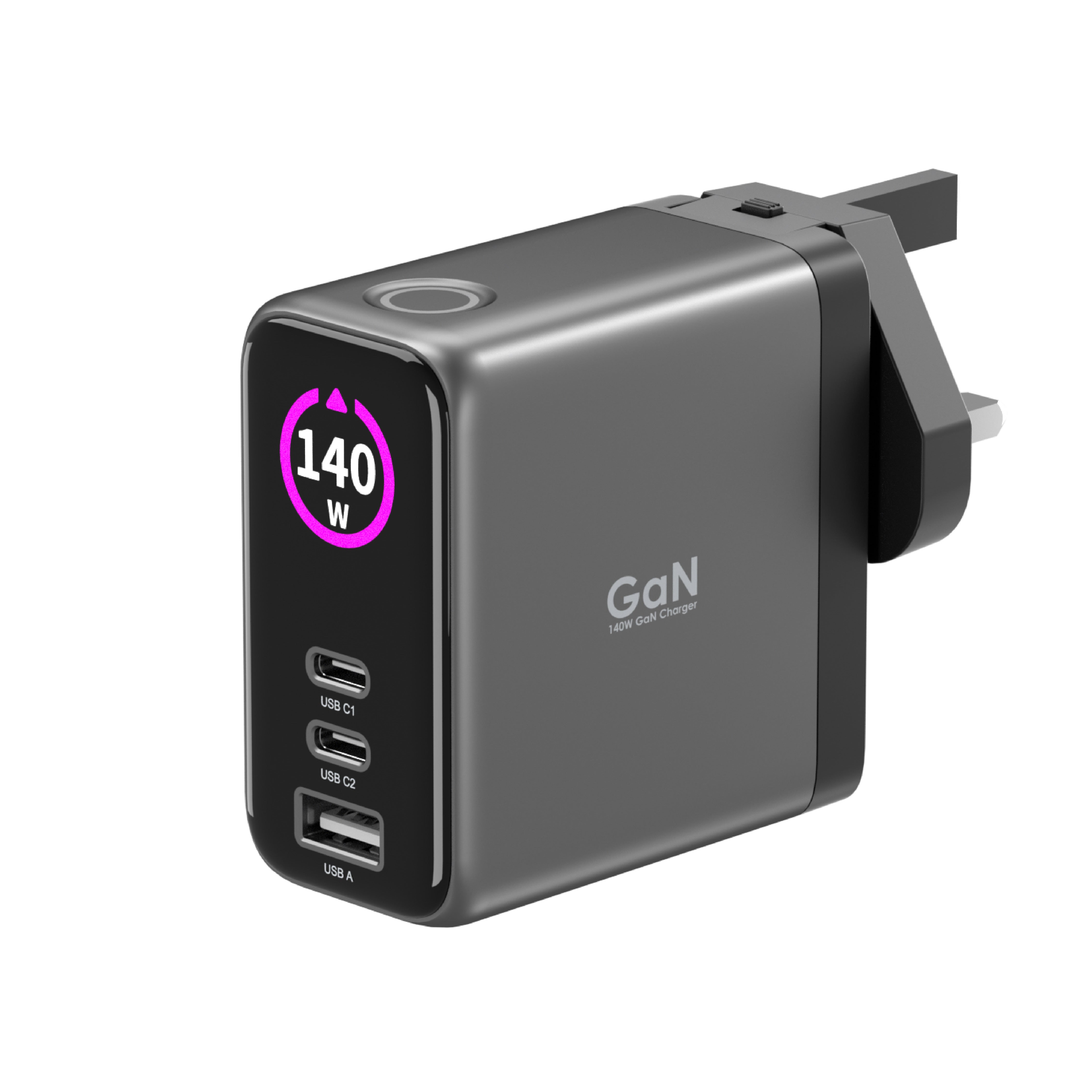 LZEL 140W GaN Travel Charger with 3-Port PD Digital Display & UK/EU/AU Plugs | Gray/Black