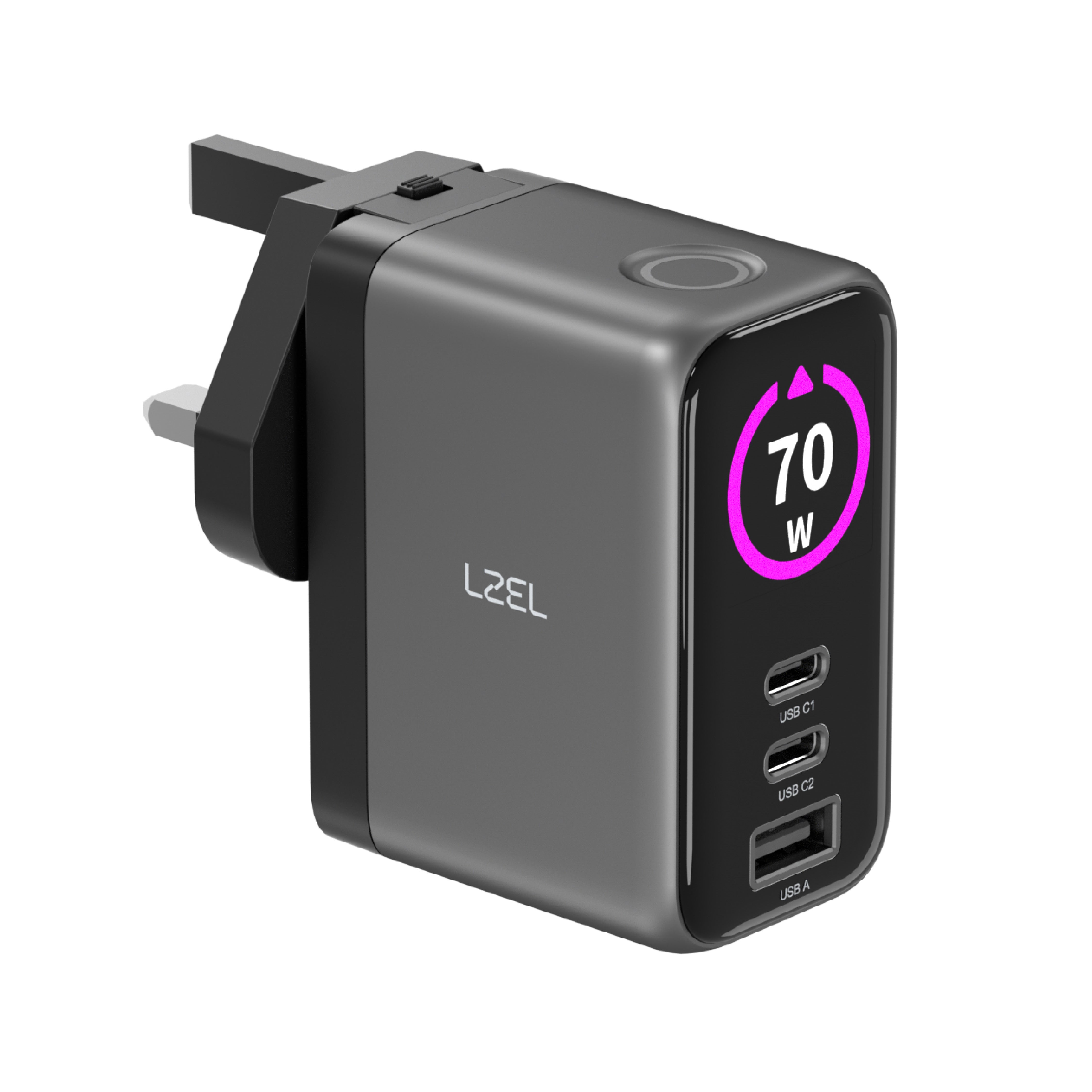 LZEL 70W GaN Travel Charger with 3-Port PD Digital Display & UK/EU/AU Plugs | Gray/Black