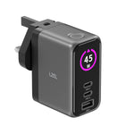 LZEL 45W GaN Travel Charger with 3-Port PD Digital Display & UK/EU/AU Plugs | Gray/Black