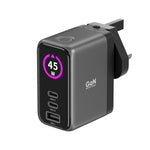 LZEL 45W GaN Travel Charger with 3-Port PD Digital Display & UK/EU/AU Plugs | Gray/Black