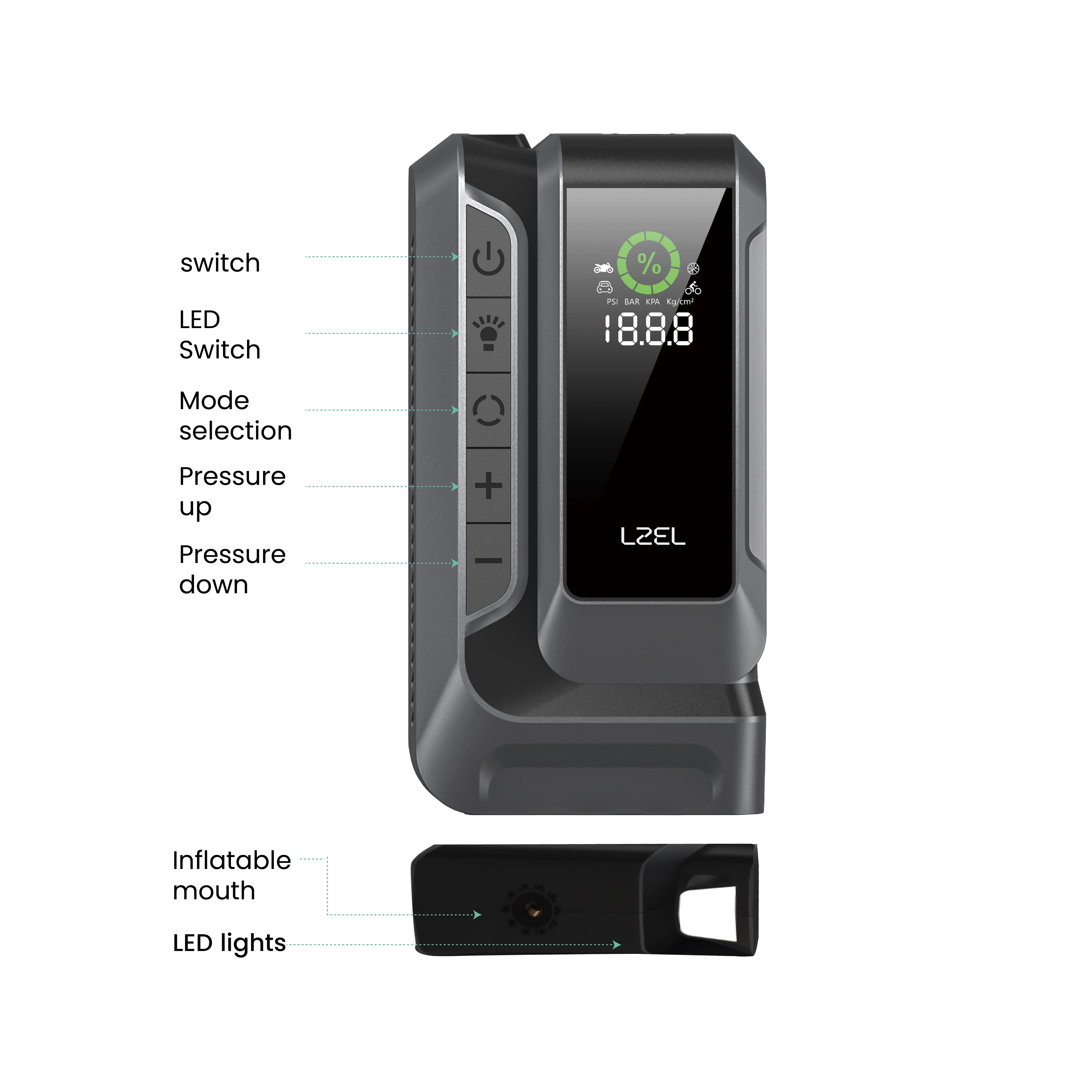 معزز لبطارية السيارة من LZEL EnergizeIgnite Air 12000mAh 12V مع كشاف LED ومنفاخ إطارات | رمادي/أسود