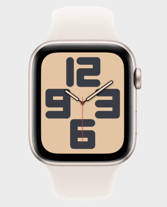 ساعة Apple SE - GPS + Cellular - مقاس 44 ملم - بهيكل من الألومنيوم بلون Starlight مع سوار رياضي بلون Starlight مقاس عادي (Regular)