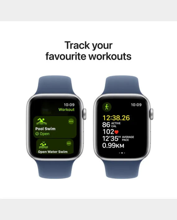 ساعة Apple SE - GPS + Cellular - مقاس 40 ملم - بهيكل من الألومنيوم الفضي مع سوار رياضي بلون Denim مقاس S/M