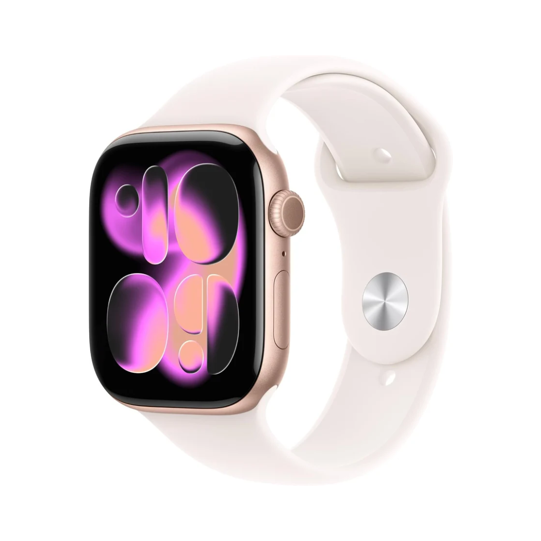 ساعة Apple Watch Series 11 GPS، 42 مم، هيكل ألومنيوم ذهبي وردي مع سوار رياضي وردي فاتح – S/M