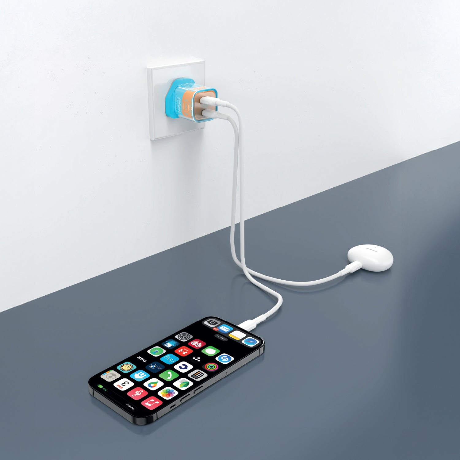 LZEL VoltCharge NanoCore – 30W GaN Transparent Wall Charger | Sky Blue/Orange