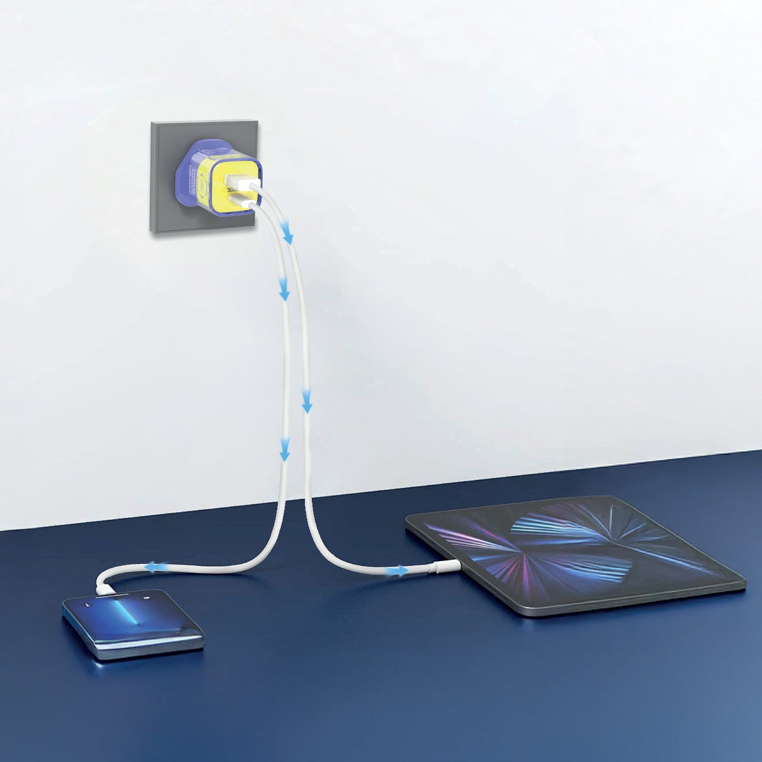LZEL VoltCharge NanoCore – 30W GaN Transparent Wall Charger | Blue/Yellow