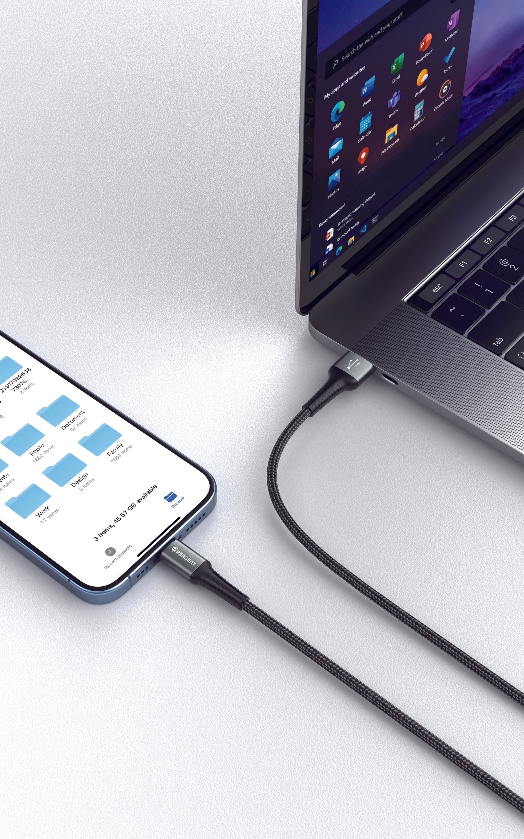 كيبل شحن من USB-A إلي Lightning من 90 Percent مضفر بالنايلون 1 متر | أسود