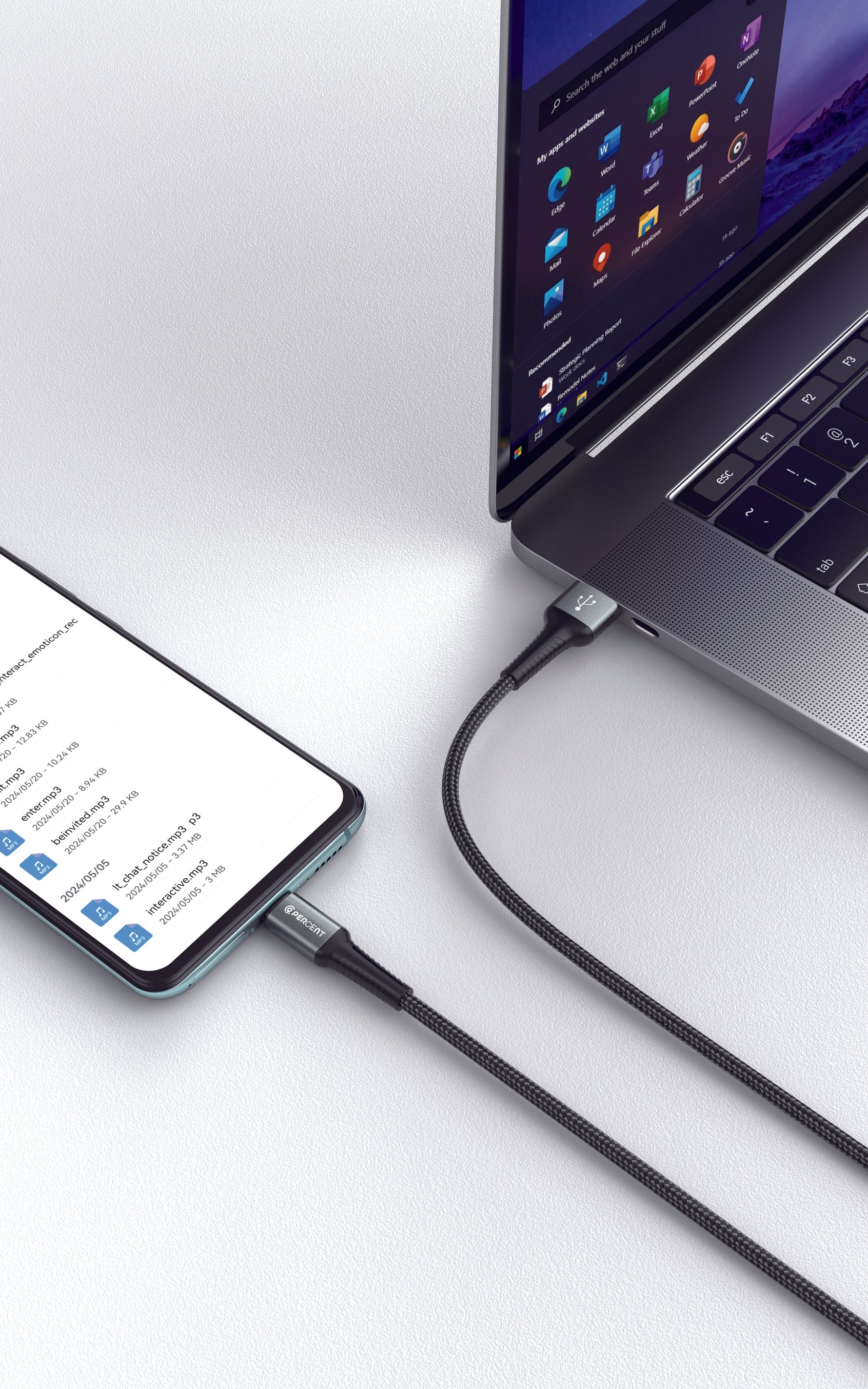 كيبل شحن من USB-A إلى Micro USB من 90 Percent مضفر بالنايلون 1 متر | أسود