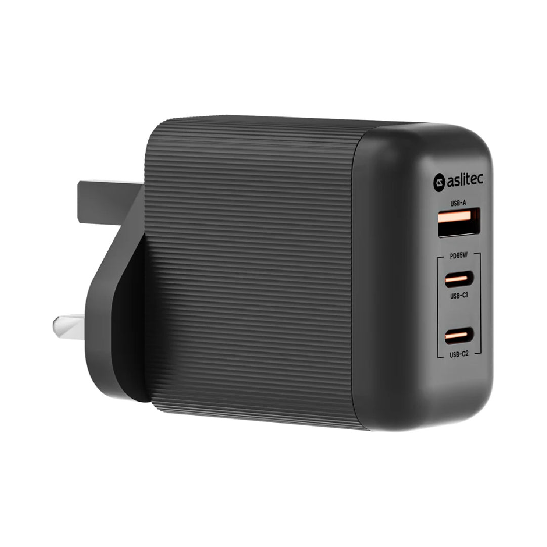 شاحن aslitec VexoraGaN بقدرة 65 واط – شاحن GaN مدمج بثلاثة منافذ USB-A وUSB-C مزدوج
