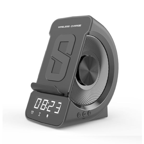 مكبر صوت مزود بساعة وشاحن لاسلكي باللون الرمادي (WD-200 G)