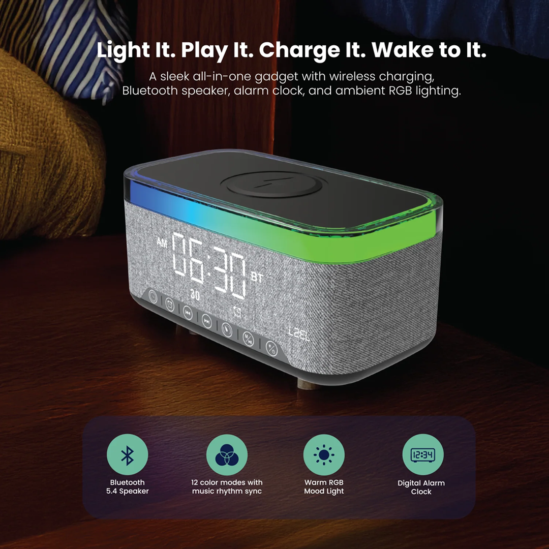 مكبر صوت SonicGlow Wake من ليزل متعدد الوظائف و منبة مع قاعدة شحن لاسلكية | خشبي/ رمادي