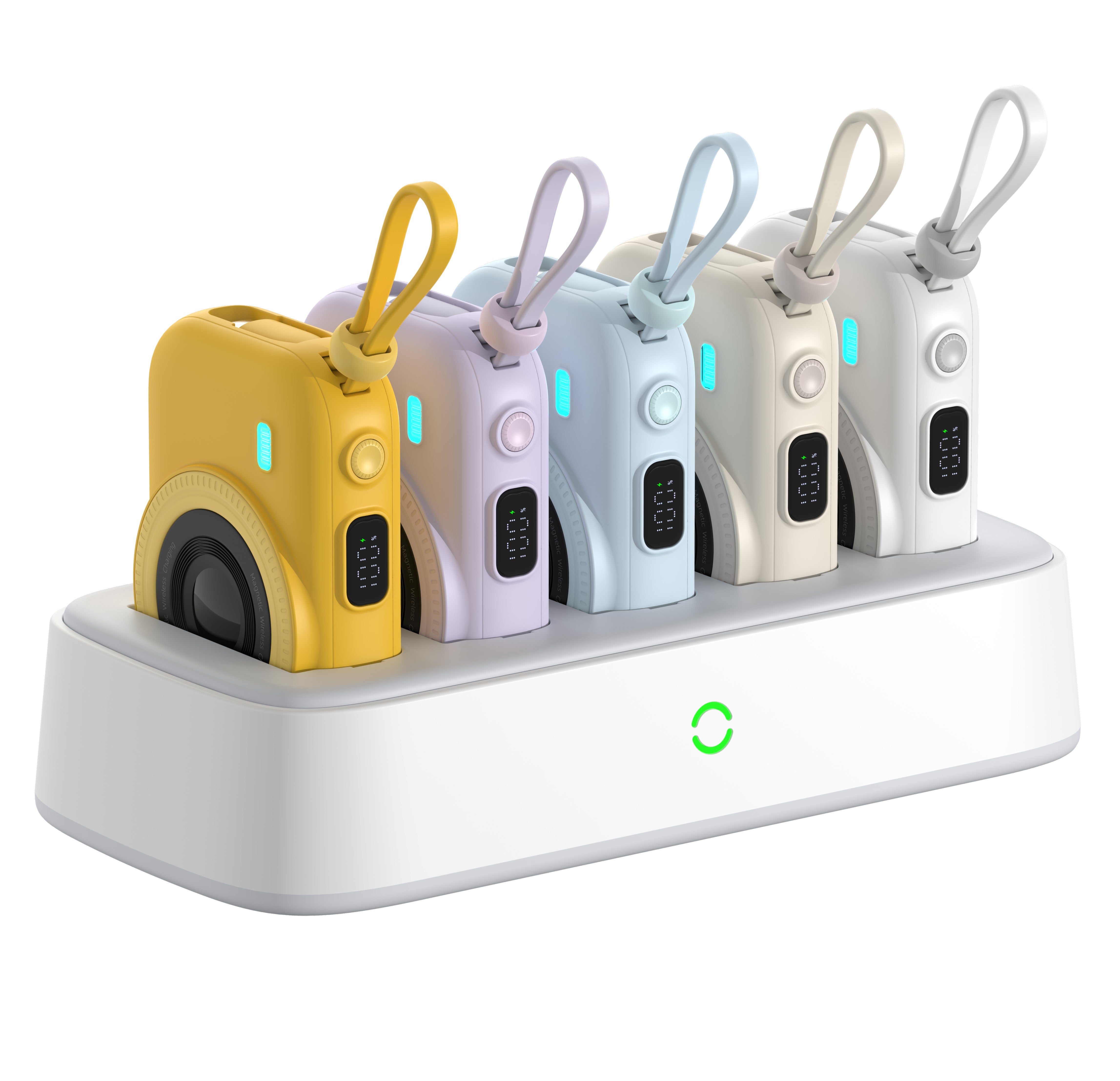 LZEL PentaEnergia Station - 5X 10,000mAh Wireless Power Bank Charging Dock with Colorful Batteries & Built-in Cable | White