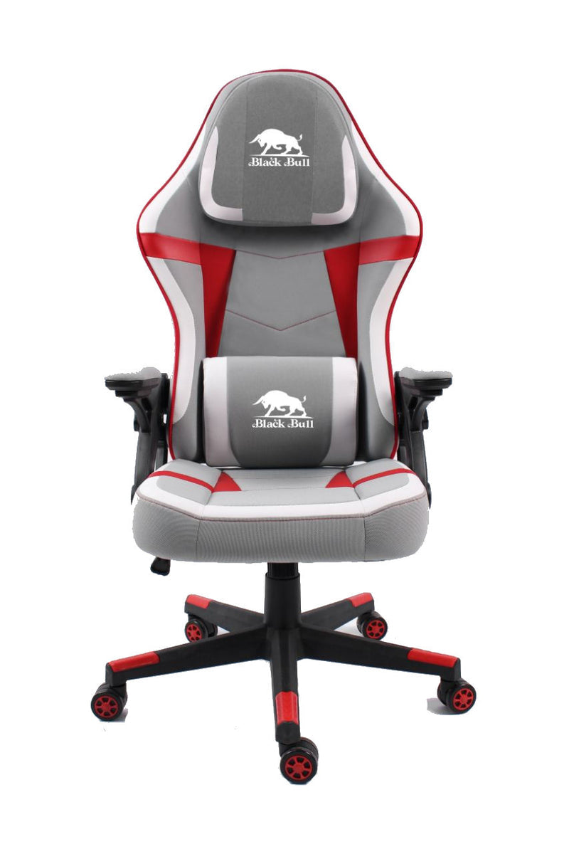 Black Bull Gaming Chair with Up & Down Sliding Adjustable Headrest, Moveable Armrests, Woven Fabric | Light Grey & White & Red