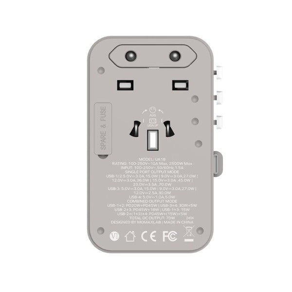 محول سفر تيار متردد 1-وورلد+ 70 واط GaN مع 3 منافذ وكابل يو أس بي سي مدمج من Momax | رمادي