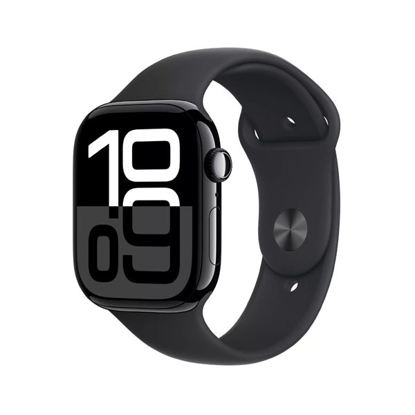 ساعة Apple Watch Series 10 GPS + cellular مقاس 46 مم، هيكل من الألومنيوم باللون الأسود مع حزام رياضي أسود - M/L