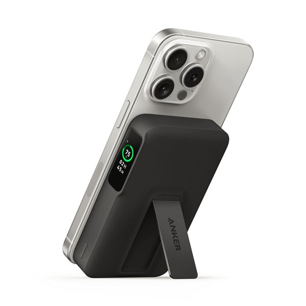 بطارية شحن متنقلة لاسلكية MagGo بسعة 10000 مللي أمبير شحن مغناطيسي فائق السرعة و قوة 15 واط مع شاشة ذكية من Anker | أسود