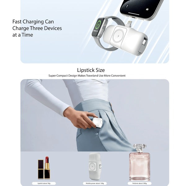 بطارية شحن متنقلة POD Prime Lighting من أسلي جلوبال 5000 مللي أمبير مع قاعدة شحن لاسلكية للساعة| أبيض