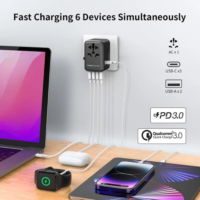 شاحن سفر Momax 1-World GaN بقوة 70 واط – 5 منافذ + محول AC | أبيض