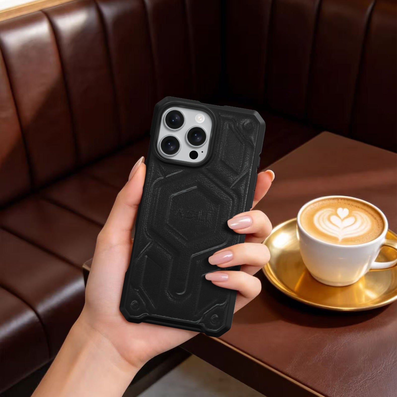 كڤر حماية ASLI Leather Hybrid من الجلد الفاخر لهاتف iPhone 16 Pro ، مزوّد بحماية من السقوط وتبديد للحرارة.