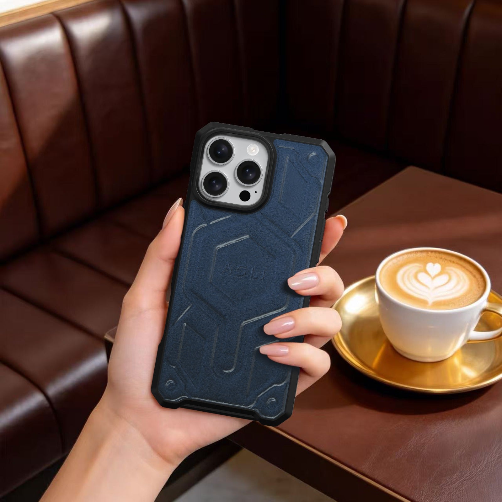 كڤر حماية ASLI Leather Hybrid من الجلد الفاخر لهاتف iPhone 16 Pro ، مزوّد بحماية من السقوط وتبديد للحرارة.