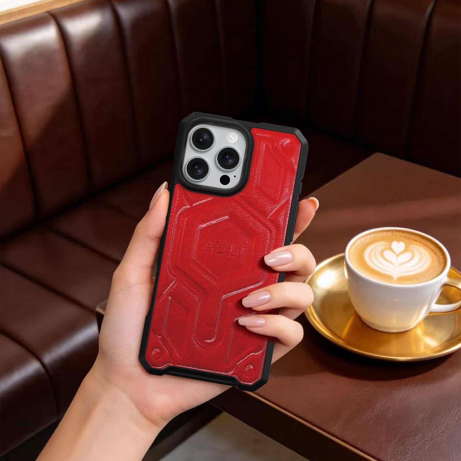 كڤر حماية ASLI Leather Hybrid من الجلد الفاخر لهاتف iPhone 16 Pro ، مزوّد بحماية من السقوط وتبديد للحرارة.