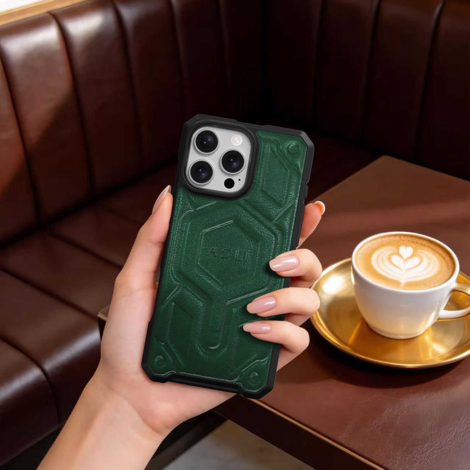 كڤر حماية ASLI Leather Hybrid من الجلد الفاخر لهاتف iPhone 16 Pro ، مزوّد بحماية من السقوط وتبديد للحرارة.