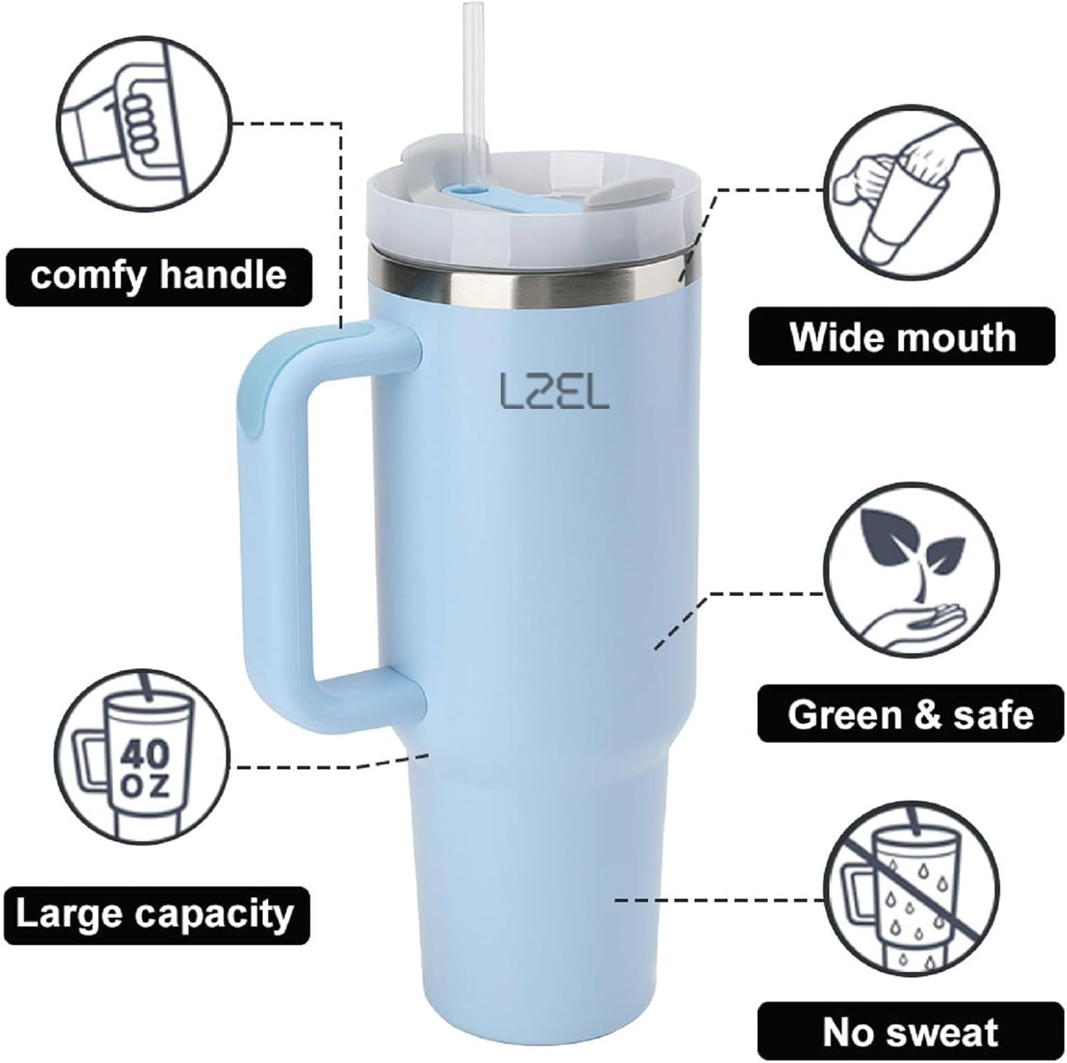 LZEL Tumbler With Handle 1100ML Aqua Pure Vacuum Insulated Lake Blue