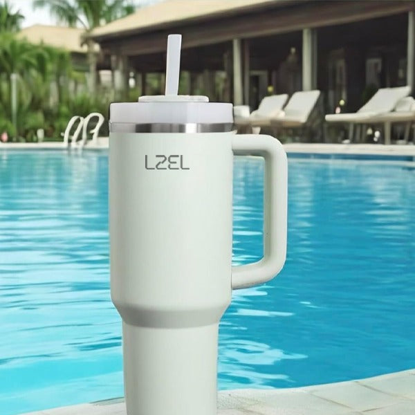 LZEL Tumbler With Handle 1100ML Aqua Pure Vacuum Insulated Bay Leaves