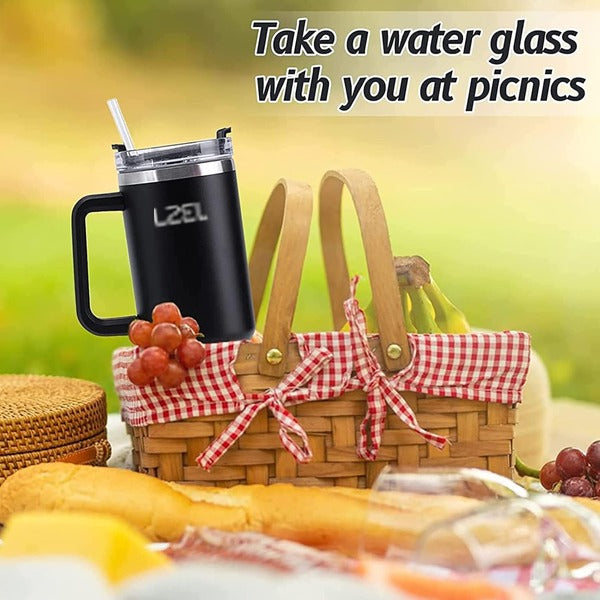 كوب من ليزل 1100 مل مصنوع من الفولاذ المقاوم للصدأ عازل للحرارة مع حافظة مضادة للانزلاق | أسود