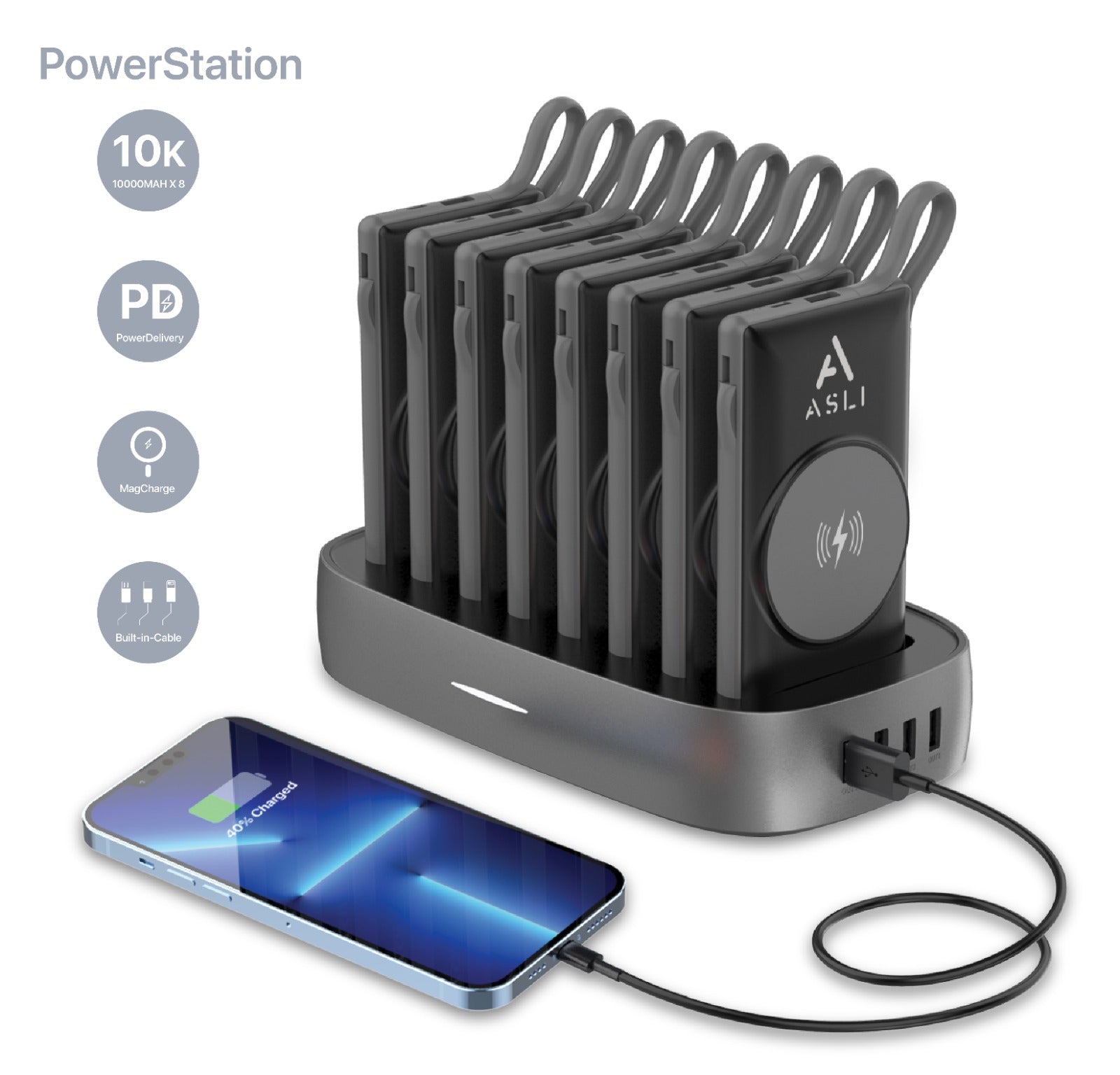 محطة الطاقة المحمولة من أسلي جلوبال 10000 مللي أمبير  × 8 تدعم الشحن اللاسلكي|أسود