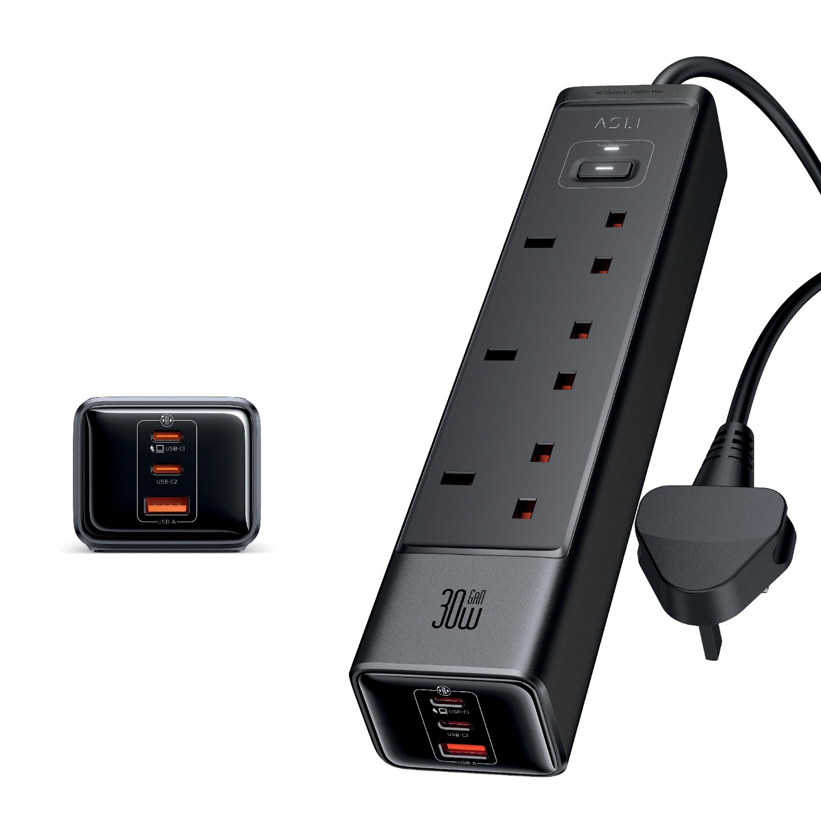 Asli 30W GaN 3 Outlet - 1 USB - 2 type C Surge Protection Powerstrip