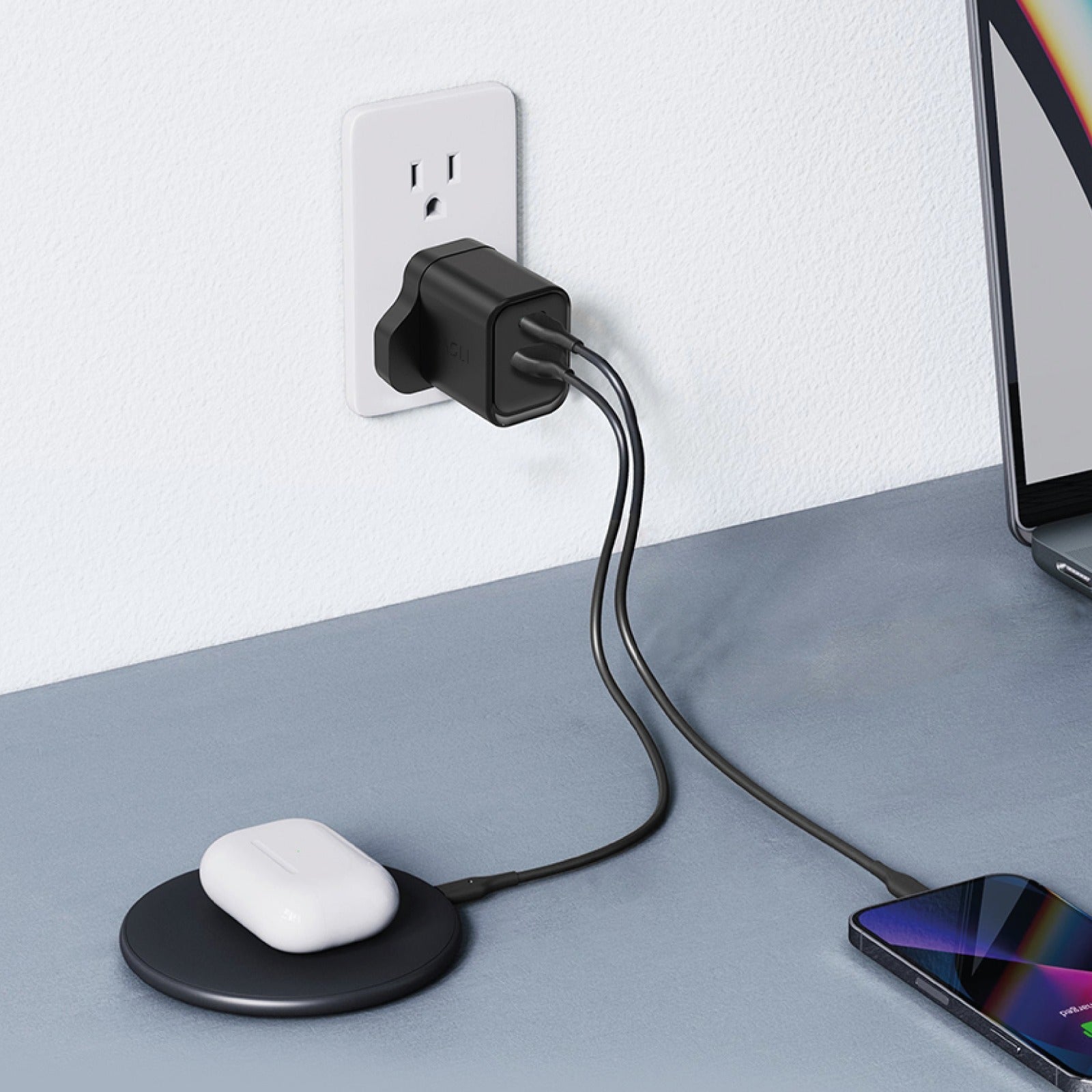 شاحن حائط فائق السرعة من أسلي جلوبال ثنائي المنفذ بتقنية GaN بقوة 33 واط | أسود