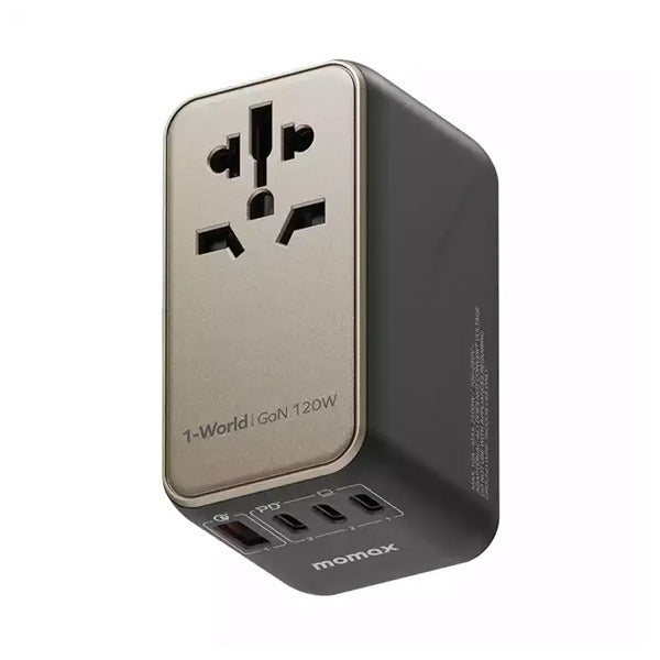 شاحن سفر من Momax 1-World GaN بقدرة 120 واط مع 4 منافذ + محول كهرباء | أسود