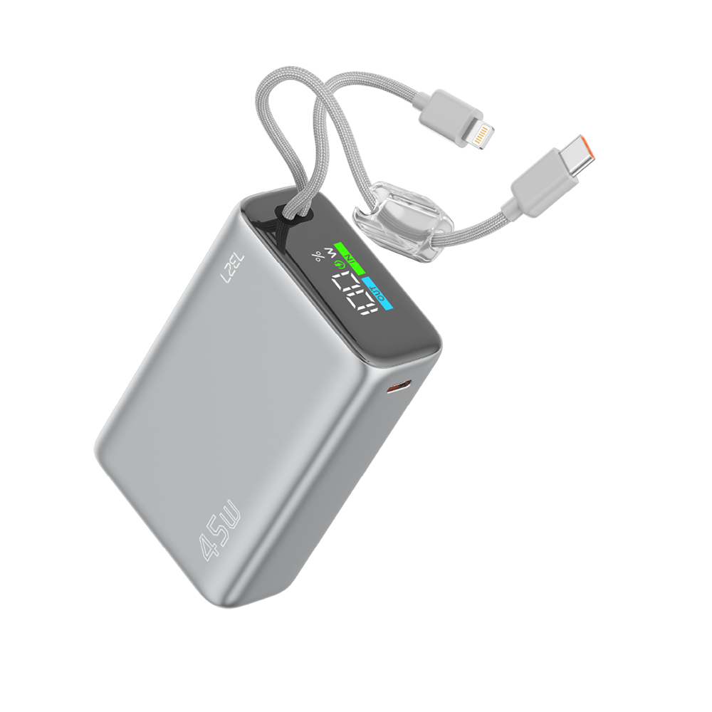 LZEL Neurode 20K Pd45W Mini Power Bank Pd3.0 & Qc3.0 | Usb-C Cable & Lighting Cable | Silver
