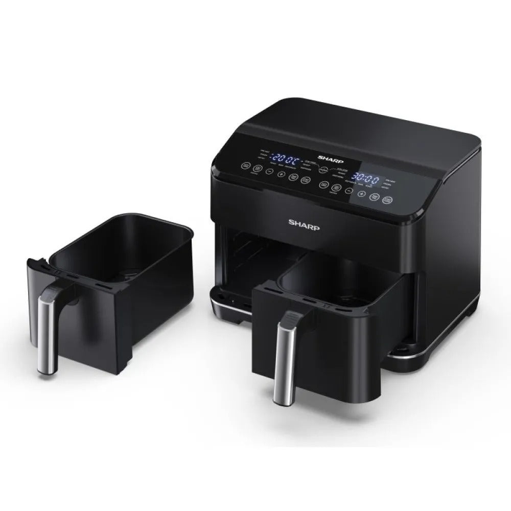 قلاية هوائية مزدوجة من Sharp – سعة 8 لتر | قوة 1800 واط | تصميم ستانلس ستيل | أسود