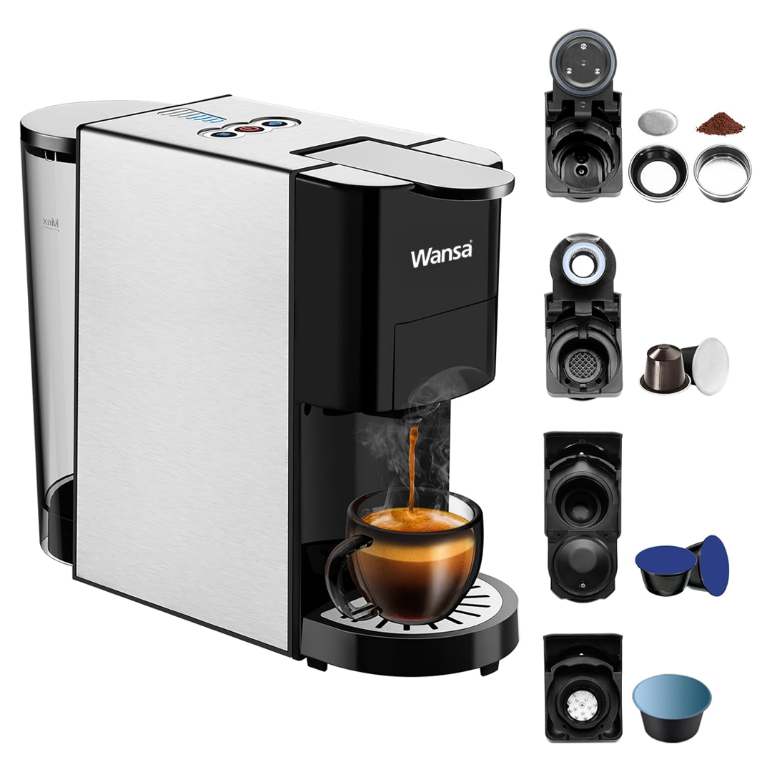 Wansa Upgrade 5 in 1 Espresso Single Serve Coffee Machine for Nespresso Original/Dolce Gusto/Mio/Ground Capsule and ESE Coffee Pods,19 Bar Automatic Compatible Capsule Coffee Machine