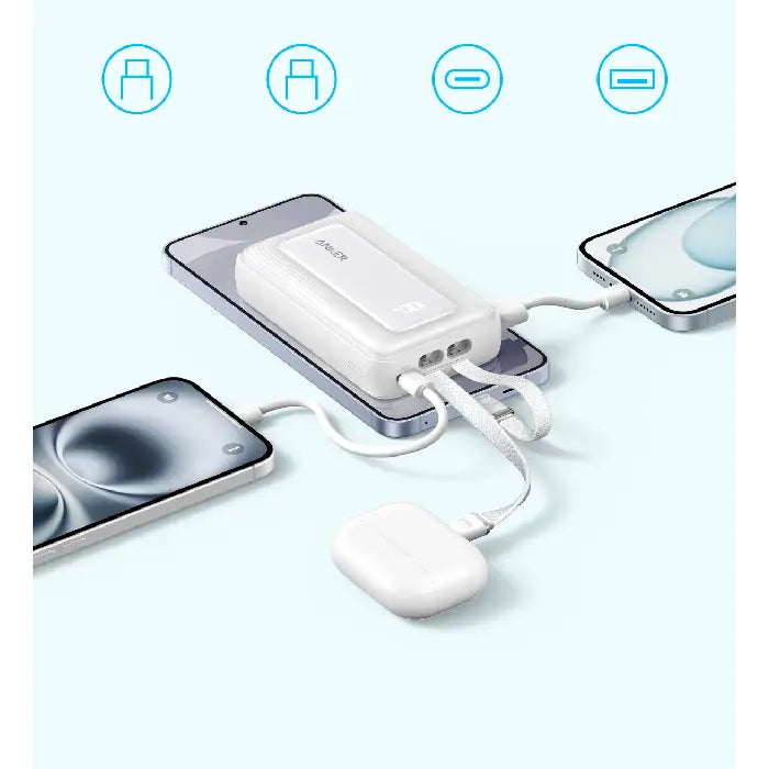 باور بانك Anker Zolo بسعة 10,000 مللي أمبير – شحن سريع 35 واط مع كابلي USB-C مدمجين