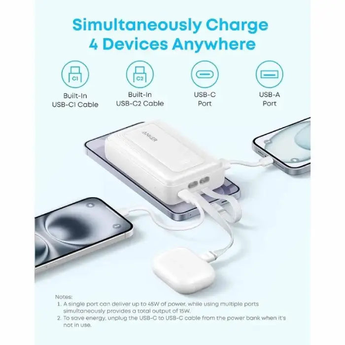 باور بانك Anker Zolo بسعة 10,000 مللي أمبير – شحن سريع 35 واط مع كابلي USB-C مدمجين